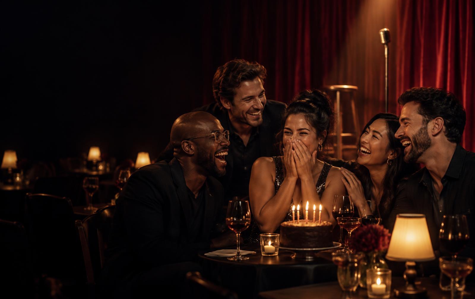 Friends sharing a laughing birthday moment in an intimate comedy club